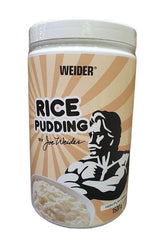 Weider Rice Pudding container showcasing nutritional benefits for pre- and post-workout energy.